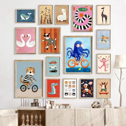 Aroutde 16Pcs Cartoon Animal Canvas Wall Art Nursery Room Funny Animal Pictures Octopus Tiger on Bikes Dog Turtle Skateboard Posters for Toddler Baby Kids Bedroom Playful Nursery Playroom Decor in Saudi Arabia