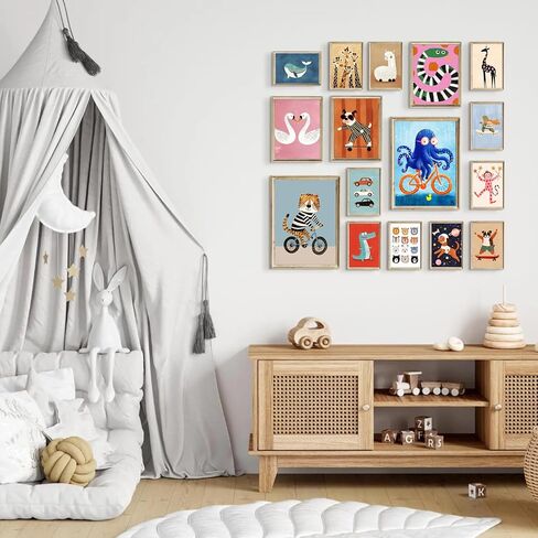 Aroutde 16Pcs Cartoon Animal Canvas Wall Art Nursery Room Funny Animal Pictures Octopus Tiger on Bikes Dog Turtle Skateboard Posters for Toddler Baby Kids Bedroom Playful Nursery Playroom Decor in Saudi Arabia