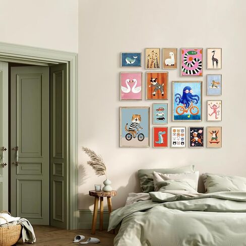 Aroutde 16Pcs Cartoon Animal Canvas Wall Art Nursery Room Funny Animal Pictures Octopus Tiger on Bikes Dog Turtle Skateboard Posters for Toddler Baby Kids Bedroom Playful Nursery Playroom Decor in Saudi Arabia