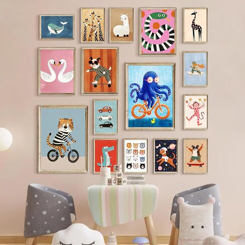 Aroutde 16Pcs Cartoon Animal Canvas Wall Art Nursery Room Funny Animal Pictures Octopus Tiger on Bikes Dog Turtle Skateboard Posters for Toddler Baby Kids Bedroom Playful Nursery Playroom Decor in Saudi Arabia