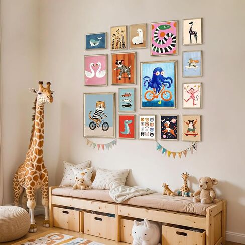 Aroutde 16Pcs Cartoon Animal Canvas Wall Art Nursery Room Funny Animal Pictures Octopus Tiger on Bikes Dog Turtle Skateboard Posters for Toddler Baby Kids Bedroom Playful Nursery Playroom Decor in Saudi Arabia