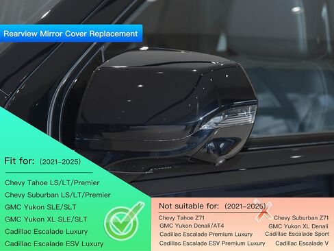 Direct Replacement Mirror Cover Cap Compatible with 2021-2025 Chevy Tahoe & Suburban LS/LT/Premier, GMC Yukon & Yukon XL SLE/SLT, Cadillac Escalade & Escalade ESV Luxury Glossy Black in Saudi Arabia