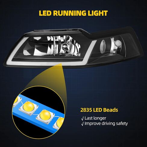 DWVO Headlight Assembly Compatible with 99 01 02 03 04 1999-2004 Ford Mustang Headlamp Headlights(Black Housing Clear Reflector) in Saudi Arabia