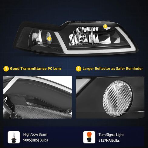 DWVO Headlight Assembly Compatible with 99 01 02 03 04 1999-2004 Ford Mustang Headlamp Headlights(Black Housing Clear Reflector) in Saudi Arabia