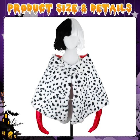 6 PCS Halloween Costume Dalmatian Black and White Shawl for Women Cosplay with Gloves Wig Pearl Necklace Wig Cap Costume Stick in Saudi Arabia