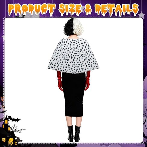 6 PCS Halloween Costume Dalmatian Black and White Shawl for Women Cosplay with Gloves Wig Pearl Necklace Wig Cap Costume Stick in Saudi Arabia