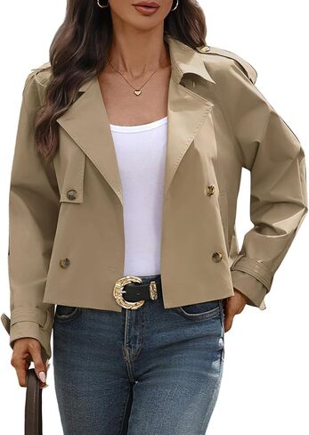Women's Cropped Trench Coat Lapel Long Sleeve Button Down Crop Jacket Double Breasted Coat in Kuwait