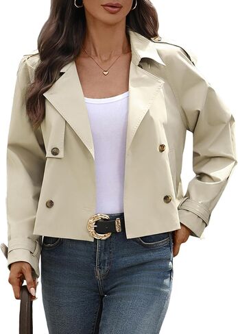 Women's Cropped Trench Coat Lapel Long Sleeve Button Down Crop Jacket Double Breasted Coat in Kuwait