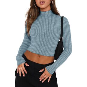 VICHYIE Womens Fall Mock Neck Shirts Cropped Thin Sweater Long Sleeve Soft Fuzzy Pullover Jumper Tops in Kuwait