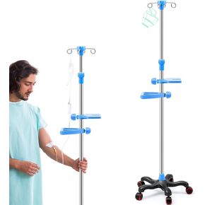Thyle IV Pole Portable IV Poles with Wheels 4 Hooks 5 Wheels IV Fluid Bag Stand Stainless Steel Adjustable 43" to 79" Height Pole with Hanging Net for Home Hospital Essential IV Practice in Kuwait