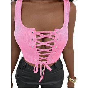 SOLY HUX Women's Lace Up Crop Tank Tops Sleeveless Scoop Neck Ribbed Slim Fit Going Out Shirts in Saudi Arabia