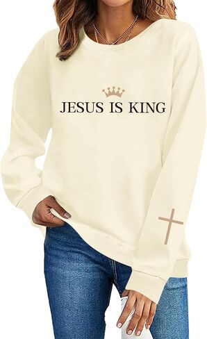 Jesus Is King Sweatshirt for Women Christian Cross Faith Hoodie God Religious Bible Verse Graphic Long Sleeve Shirt in Kuwait