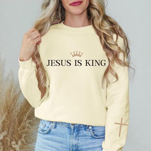 Jesus Is King Sweatshirt for Women Christian Cross Faith Hoodie God Religious Bible Verse Graphic Long Sleeve Shirt in Kuwait