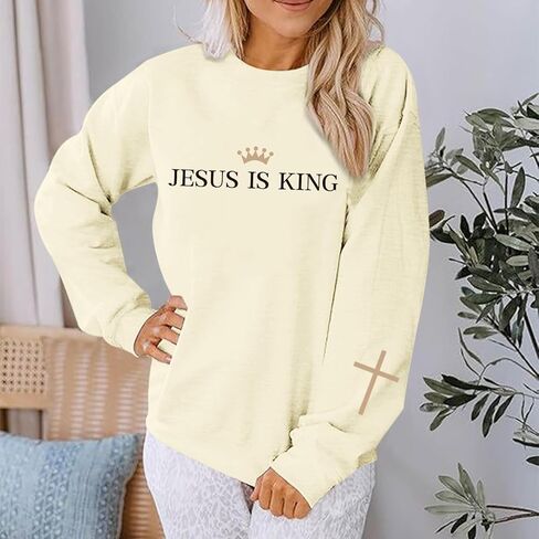 Jesus Is King Sweatshirt for Women Christian Cross Faith Hoodie God Religious Bible Verse Graphic Long Sleeve Shirt in Kuwait