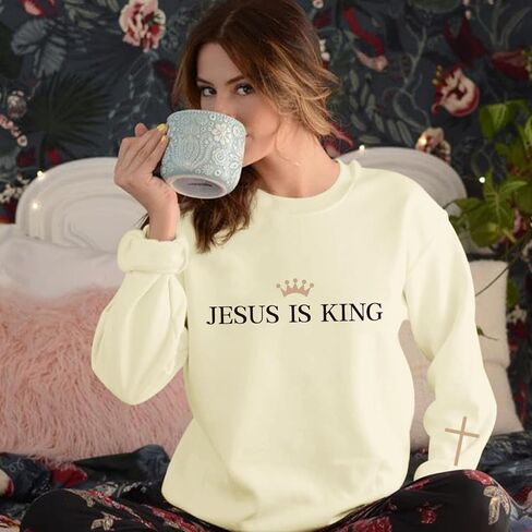 Jesus Is King Sweatshirt for Women Christian Cross Faith Hoodie God Religious Bible Verse Graphic Long Sleeve Shirt in Kuwait