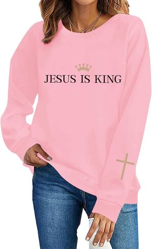 Jesus Is King Sweatshirt for Women Christian Cross Faith Hoodie God Religious Bible Verse Graphic Long Sleeve Shirt in Saudi Arabia