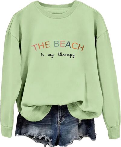 سويت شيرت The Beach Is My Therapy للنساء بياقة دائرية ورسومات لطيفة وفضفاضة وأكمام طويلة in Saudi Arabia