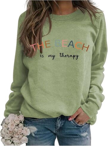 سويت شيرت The Beach Is My Therapy للنساء بياقة دائرية ورسومات لطيفة وفضفاضة وأكمام طويلة in Saudi Arabia