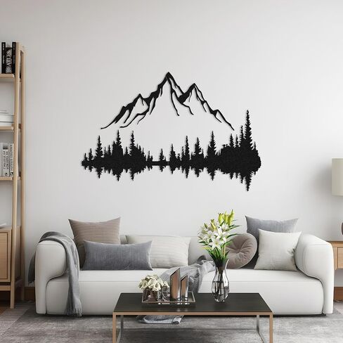 WOCHMANN,Mountain Lake Forest Large Metal Wall Art Black Minimalist Nature Silhouette Wall Decor Outdoor Landscape Wall Sculpture for Living Room, Bedroom, Kitchen or Office (Black & White, 47W'' x 31L'', Unframed) in Saudi Arabia