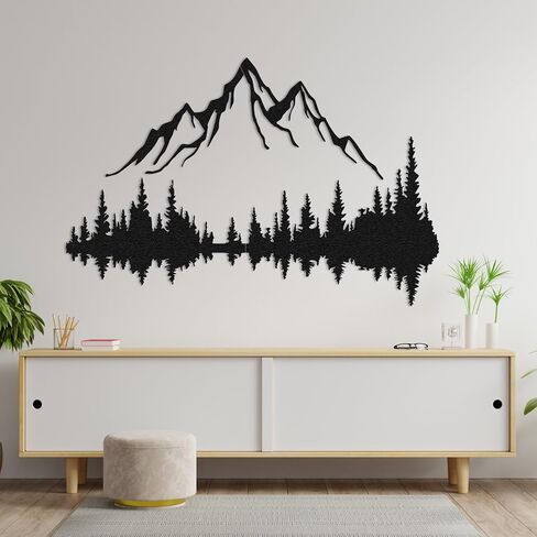 WOCHMANN,Mountain Lake Forest Large Metal Wall Art Black Minimalist Nature Silhouette Wall Decor Outdoor Landscape Wall Sculpture for Living Room, Bedroom, Kitchen or Office (Black & White, 47W'' x 31L'', Unframed) in Saudi Arabia