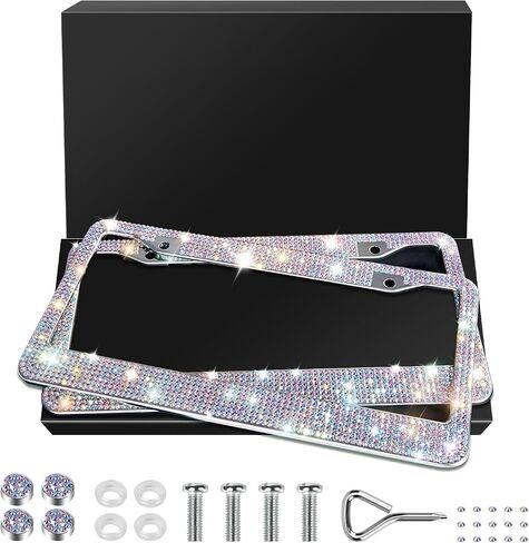 2 Pack Bling License Plate Frames, Sparkly Rhinestone Diamond Car License Plate Frame for Women (Colorful) in Saudi Arabia