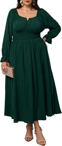 Plus Size Maxi Dresses for Curvy Women Wedding Guest Long Sleeve Square Neck Smocked Empire Waist Slit Long Dress in Saudi Arabia