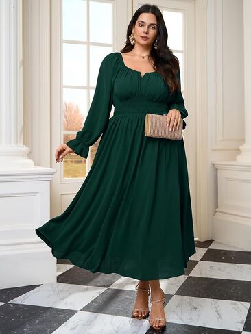 Plus Size Maxi Dresses for Curvy Women Wedding Guest Long Sleeve Square Neck Smocked Empire Waist Slit Long Dress in Saudi Arabia
