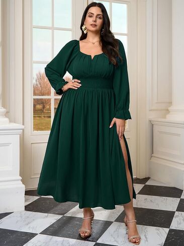Plus Size Maxi Dresses for Curvy Women Wedding Guest Long Sleeve Square Neck Smocked Empire Waist Slit Long Dress in Saudi Arabia