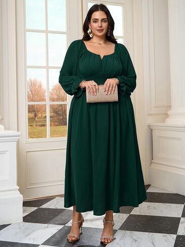 Plus Size Maxi Dresses for Curvy Women Wedding Guest Long Sleeve Square Neck Smocked Empire Waist Slit Long Dress in Saudi Arabia