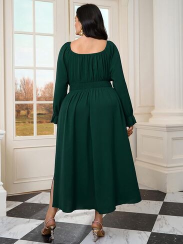 Plus Size Maxi Dresses for Curvy Women Wedding Guest Long Sleeve Square Neck Smocked Empire Waist Slit Long Dress in Saudi Arabia