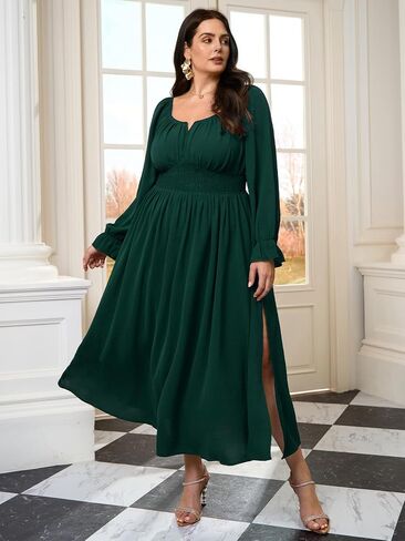 Plus Size Maxi Dresses for Curvy Women Wedding Guest Long Sleeve Square Neck Smocked Empire Waist Slit Long Dress in Saudi Arabia