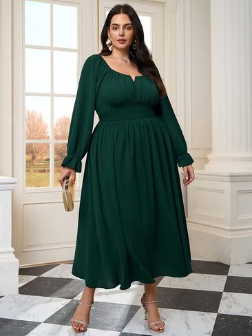 Plus Size Maxi Dresses for Curvy Women Wedding Guest Long Sleeve Square Neck Smocked Empire Waist Slit Long Dress in Saudi Arabia