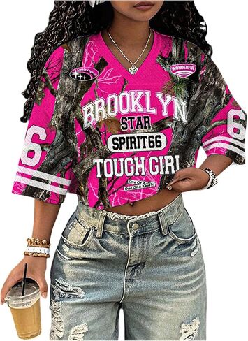 GORGLITTER Women's Y2k Camo Number Graphic Oversized Cropped Tops Football Jersey Shirts Streetwear in Saudi Arabia