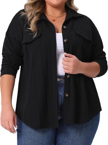 Agnes Orinda Plus Size Knit Shacket Jacket for Women Casual Long Sleeve Lapel Button Down Shirts Dressy Blouses Tops in Saudi Arabia