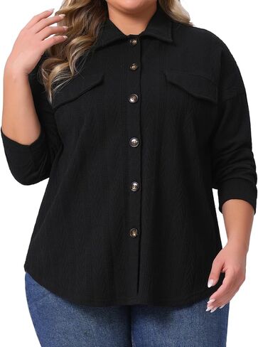 Agnes Orinda Plus Size Knit Shacket Jacket for Women Casual Long Sleeve Lapel Button Down Shirts Dressy Blouses Tops in Saudi Arabia
