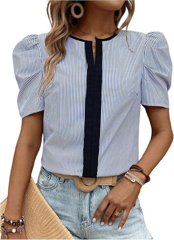 SweatyRocks Women's Summer Puff Short Sleeve Striped Office Work Blouse Top in Saudi Arabia