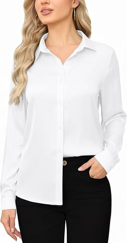 Womens Ultra-Soft Lightweight Satin Silk Button Down Shirts Silky Long Sleeve Work Dress Blouses Tops in Saudi Arabia