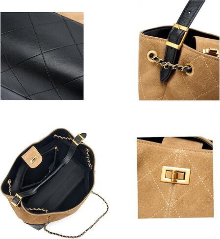 Genuine Leather Bucket Bag, Tote & Shoulder Handbag with Chain - Women's Large Suede Quilted Leather Bag for Commuting in Saudi Arabia