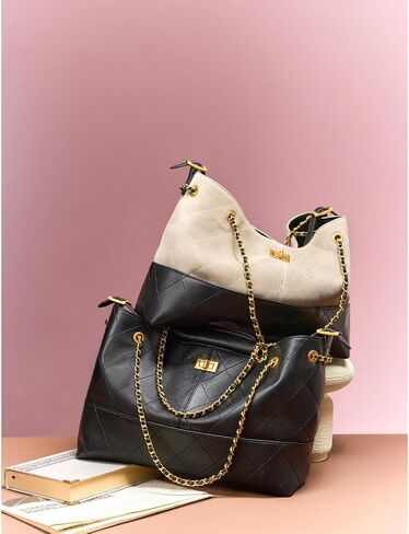 Genuine Leather Bucket Bag, Tote & Shoulder Handbag with Chain - Women's Large Suede Quilted Leather Bag for Commuting in Saudi Arabia
