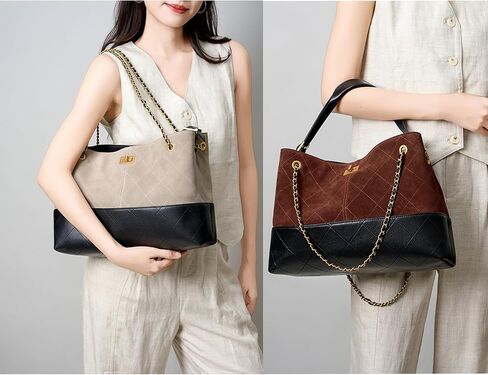 Genuine Leather Bucket Bag, Tote & Shoulder Handbag with Chain - Women's Large Suede Quilted Leather Bag for Commuting in Saudi Arabia