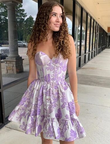 Floral Brocade Homecoming Dresses for Teens Sweetheart Sleeveless Fit and Flare Boned Mini Cocktail Prom Party Gowns in Kuwait