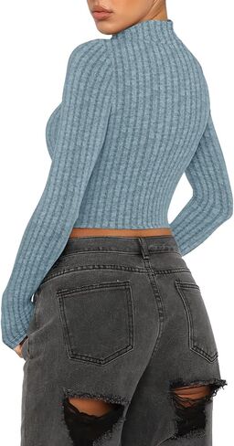 VICHYIE Womens Fall Mock Neck Shirts Cropped Thin Sweater Long Sleeve Soft Fuzzy Pullover Jumper Tops in Kuwait