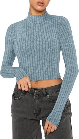 VICHYIE Womens Fall Mock Neck Shirts Cropped Thin Sweater Long Sleeve Soft Fuzzy Pullover Jumper Tops in Kuwait