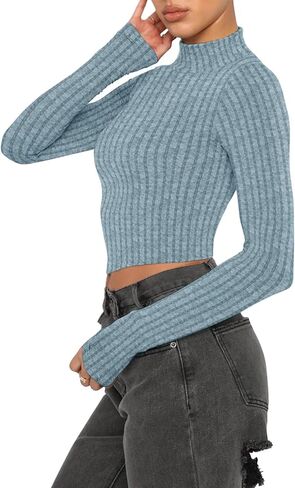 VICHYIE Womens Fall Mock Neck Shirts Cropped Thin Sweater Long Sleeve Soft Fuzzy Pullover Jumper Tops in Kuwait
