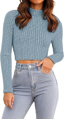 VICHYIE Womens Fall Mock Neck Shirts Cropped Thin Sweater Long Sleeve Soft Fuzzy Pullover Jumper Tops in Kuwait