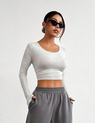 Women's Slim Fit Long Sleeve Crop Top Fitted Workout Shirt Yoga Gym Activewear Stretch Athletic Casual Tee in Saudi Arabia