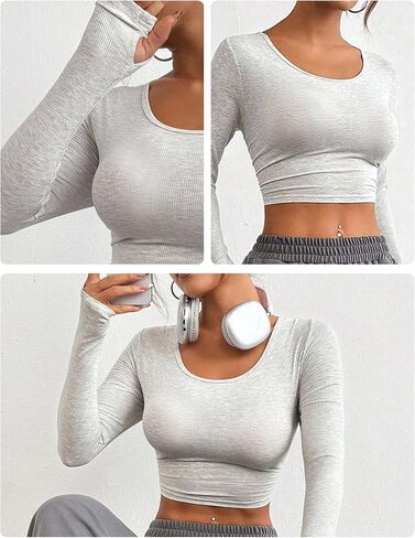 Women's Slim Fit Long Sleeve Crop Top Fitted Workout Shirt Yoga Gym Activewear Stretch Athletic Casual Tee in Saudi Arabia