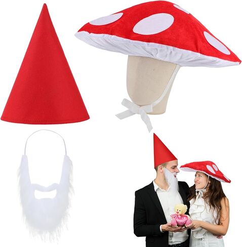 3 Pcs Funny Halloween Couple Costume Accessories Set Include Mushroom Hat Gnome Hat and Beard for Adults Novelty Gnome and Mushroom Cosplay Dress up Supplies for Men Women in Saudi Arabia