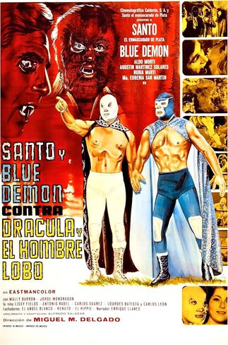 طباعة فنية لملصق سينما أرشيف 'Santo y Blue Demon Contra Dracula y El Hombre Lobo'، 11 بوصة × 17 بوصة، Lucha Libre، المصارعة المكسيكية، 1969، صنع في الولايات المتحدة الأمريكية in Saudi Arabia