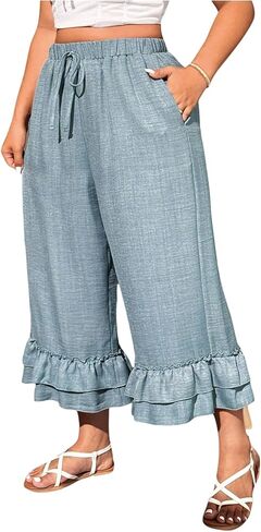 بنطال كابري نسائي من Verdusa مقاس كبير مكشكش وواسع الساق كاجوال بطبقات كابري مع جيوب in Kuwait